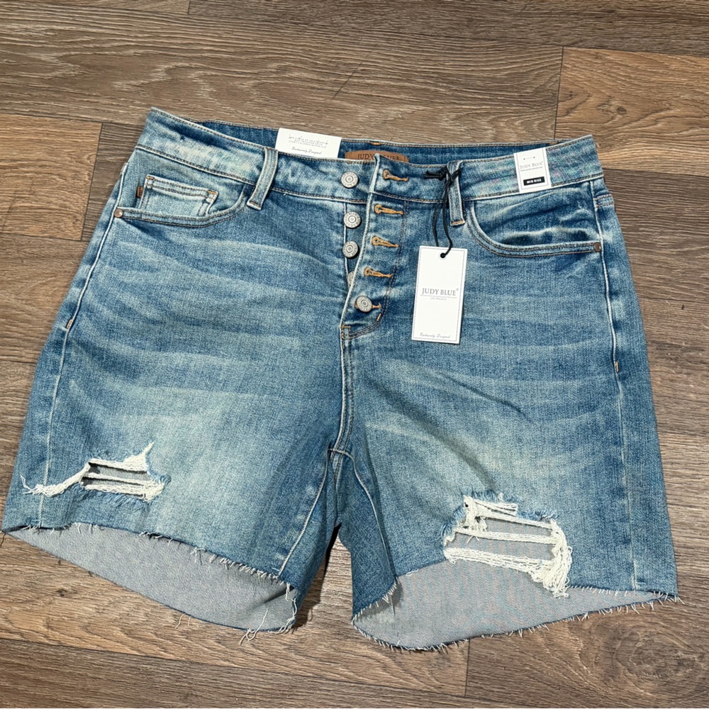 Judy Blue Medium Blue Button-Fly Distressed Jeans
